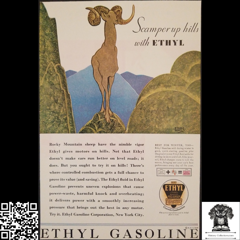 1931 Ethyl Gasoline Print Advertisement - Stark Davis Illustration - Rocky Mountain Bighorn Sheep - Art Deco - Ready For Framing