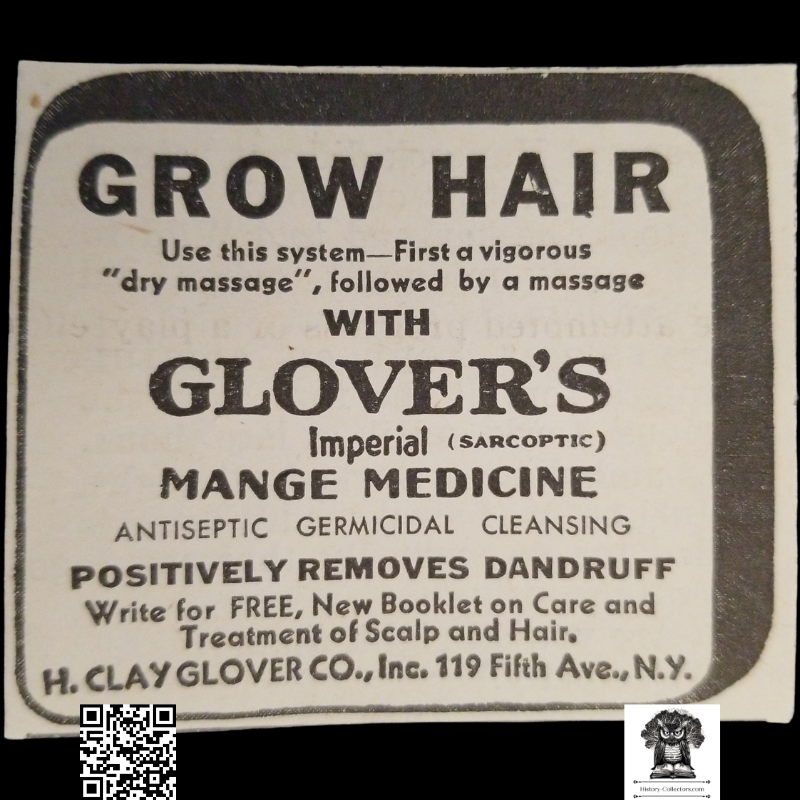 1931 Glover's Imperial Mange Medicine Print Advertisement - Dandruff - Hair Growth Baldness Cure - H. Clay Glover Co. - 119 Fifth Ave New York - Great Depression Era - Pharmaciana