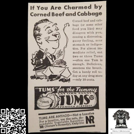 1931 Tums Antacid Print Advertisement - Corned Beef Cabbage - Great Depression Era - Pharmaciana