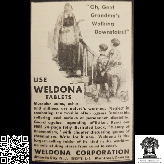 1931 Weldona Tablets Print Advertisement Clipping - Rheumatism Arthritis - Atlantic City New Jersey - Montreal Canada - Great Depression Era - Ready For Framing