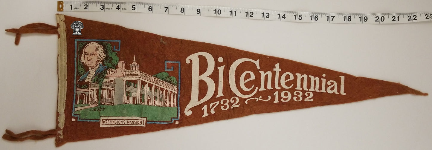1932 Bicentennial Washington's Mansion Souvenir Pennant - Mt. Vernon VA