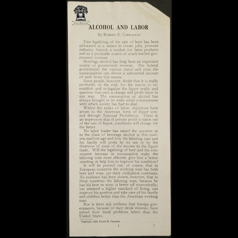 1932 Prohibition Leaflet Pamphlet - Alcohol And Labor - Robert E Corra ...