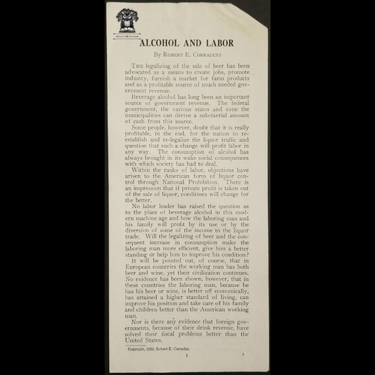 1932 Prohibition Leaflet Pamphlet - Alcohol And Labor - Robert E Corradini - Alcohol Information Committee - New York