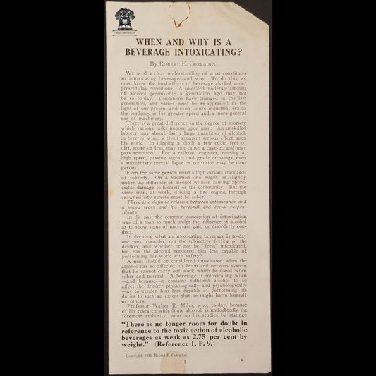 1932 Prohibition Leaflet Pamphlet - When And Why Is A Beverage Intoxicating? - Robert E Corradini - Alcohol Information Committee - New York