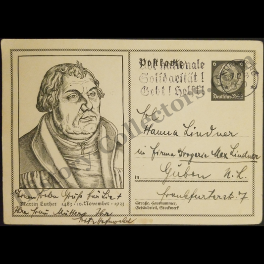 1933 Martin Luther Birth Commemorative Postcard - Six Reichspfennig Deutsches Reich Postage Pre-Printed Stamp - National Solidarity Slogan Postal Cancel - Nazi Germany - Nuremberg December 7 - Ready For Framing