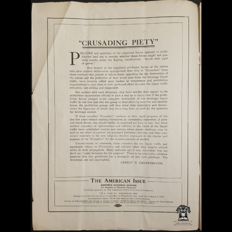 1933 The American Issue Anti-Repeal Prohibition Publication - Christian Patriotism National Edition - 110 S State St Westerville Ohio - May - Dr Haven Emerson