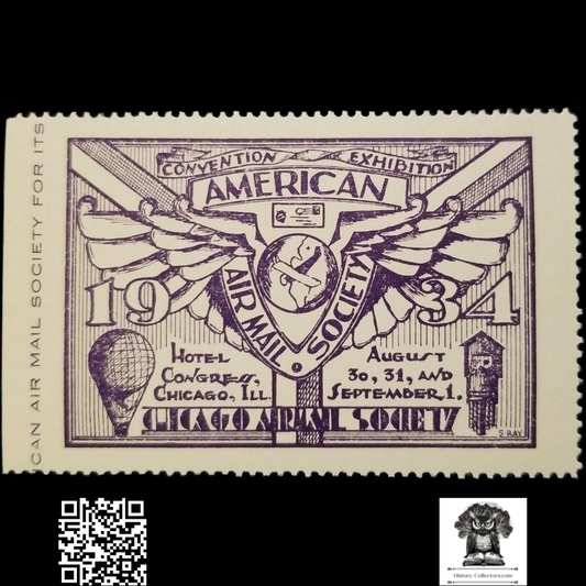 1934 American Airmail Society Convention And Exhibition Cinderella Poster Stamp - Hotel Congress - Chicago Illinois - Art Deco