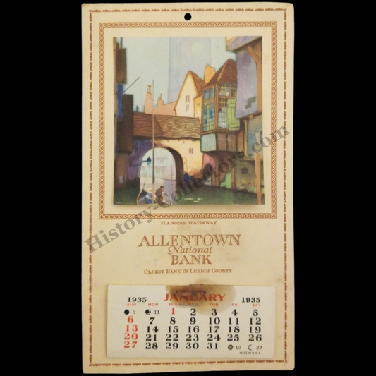 1935 Allentown National Bank Pop-Up Desk Calendar - Lehigh County Pennsylvania - Flanders Waterway Print - Great Depression Era