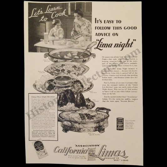 1935 California Lima Bean Growers Association Advertising Print Clipping - Lima Night Promo - Cream Of Lima Soup - Lima Croquettes - Baked Limas With Marshmallows - Great Depression Era - Ready For Framing