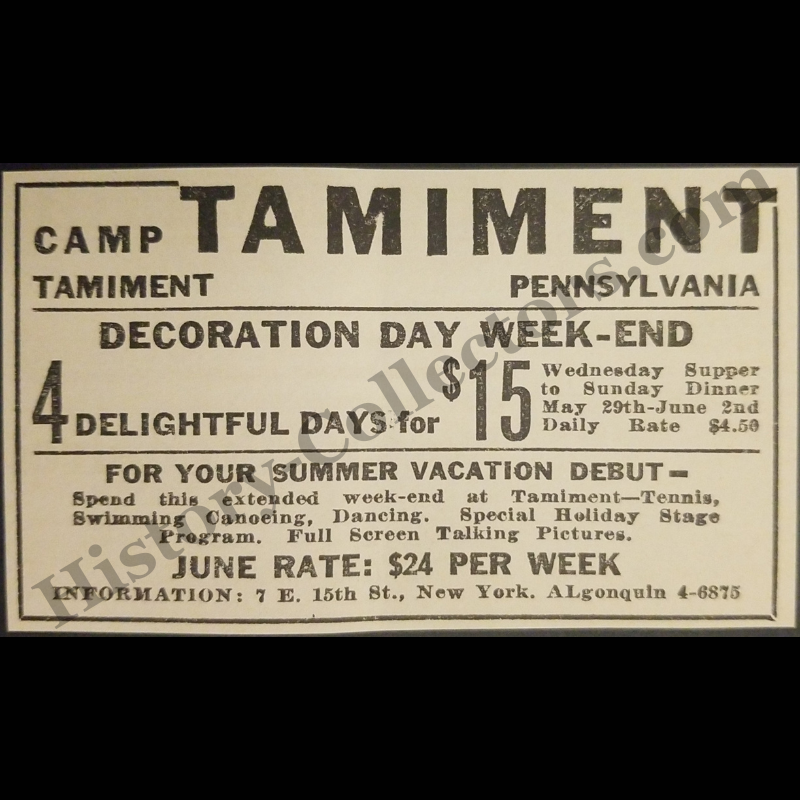 1935 Camp Tamiment Print Advertisement Clipping - Pennsylvania - Recreational Resort - Great Depression Era - Ready For Framing