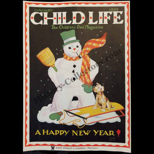 1935 Child Life Magazine Cover - A Happy New Year - Snowman - Wired Haired Parson Russell Terrier Dog - Wood Bobsled - January - Ready For Framing