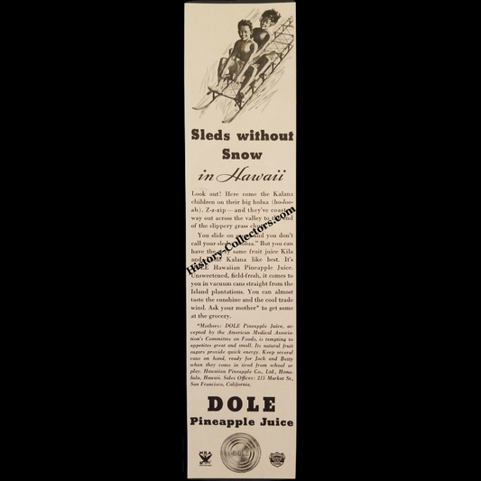 1935 Dole Pineapple Juice Advertisement Illustration Print Clipping - Holua Sleds Without Snow In Hawaii - Great Depression Era - Ready For Framing