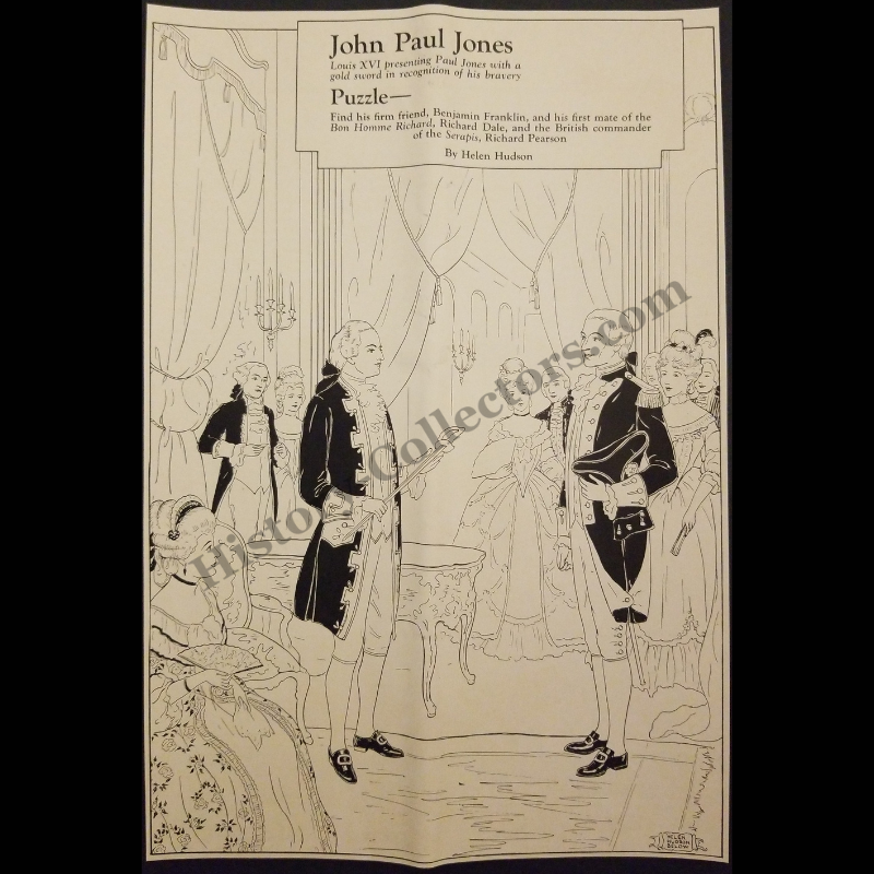 1935 Picture Puzzle Print Clipping - Helen Hudson Illustration - Louis XVI Of France - John Paul Jones - Benjamin Franklin - Richard Dale - Richard Pearson - Great Depression Era - Ready For Framing