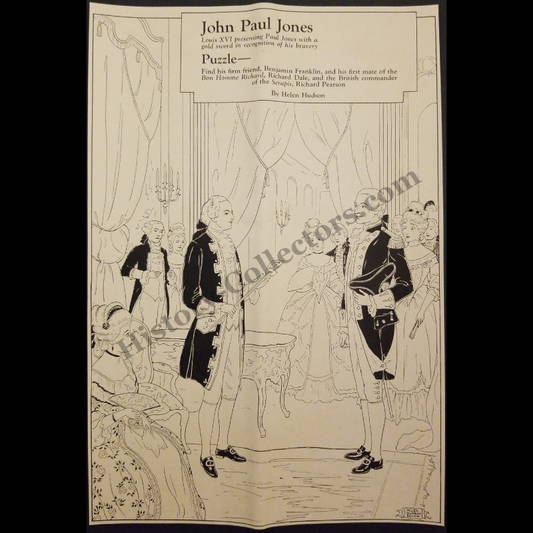 1935 Picture Puzzle Print Clipping - Helen Hudson Illustration - Louis XVI Of France - John Paul Jones - Benjamin Franklin - Richard Dale - Richard Pearson - Great Depression Era - Ready For Framing