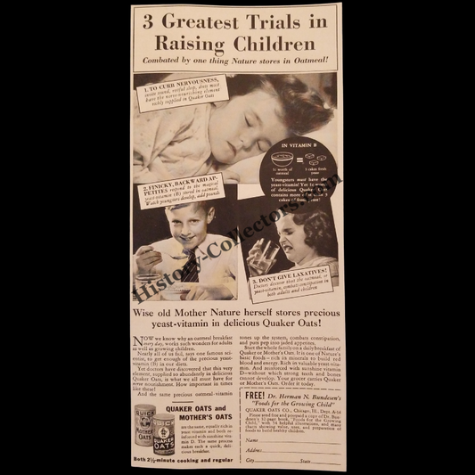 1935 Quaker Oats Print Advertising Clipping - Child Nutrition - Great Depression Era - Ready For Framing