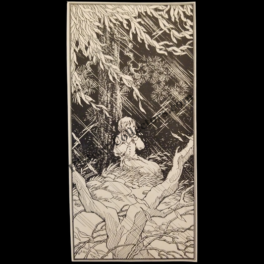 1935 Young Girl In A Forest During Thunderstorm Illustration Print Clipping - Clarence Biers - Great Depression Era - Ready For Framing