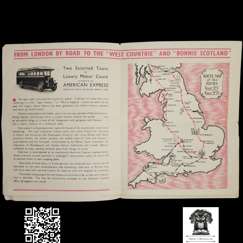 1936 American Express Travel Brochure - Escorted Motor Coach Tours - England - Scotland - Itinerary - Pricing - Route Map - Seating Plan - Fold Open Poster