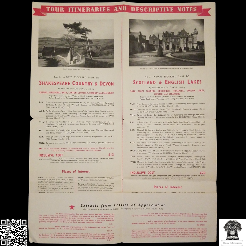 1936 American Express Travel Brochure - Escorted Motor Coach Tours - England - Scotland - Itinerary - Pricing - Route Map - Seating Plan - Fold Open Poster