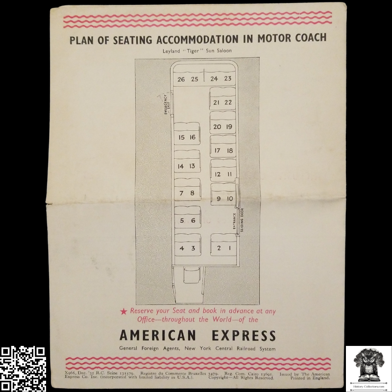 1936 American Express Travel Brochure - Escorted Motor Coach Tours - England - Scotland - Itinerary - Pricing - Route Map - Seating Plan - Fold Open Poster