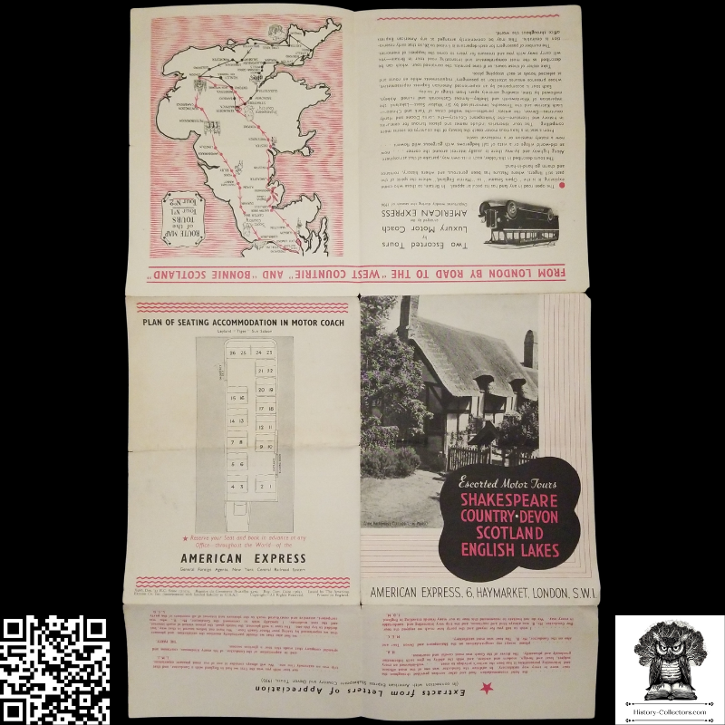 1936 American Express Travel Brochure - Escorted Motor Coach Tours - England - Scotland - Itinerary - Pricing - Route Map - Seating Plan - Fold Open Poster