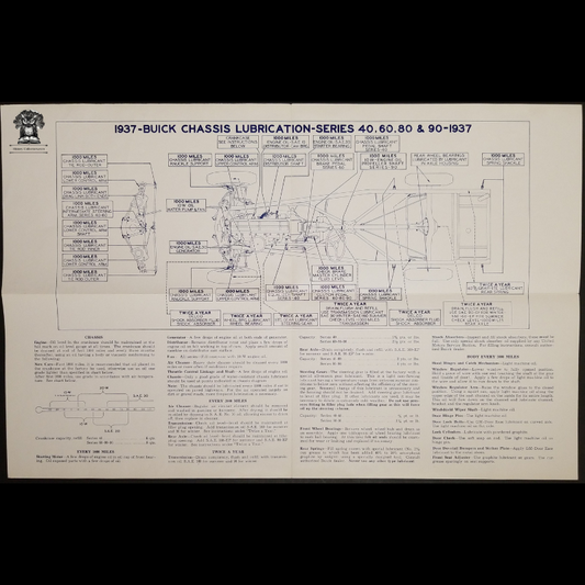 1937 Buick Chassis Lubrication Blueprint Graph Chart - 40 Special - 60 Century - 80 Roadmaster - 90 Limited - General Motors - Flint Michigan