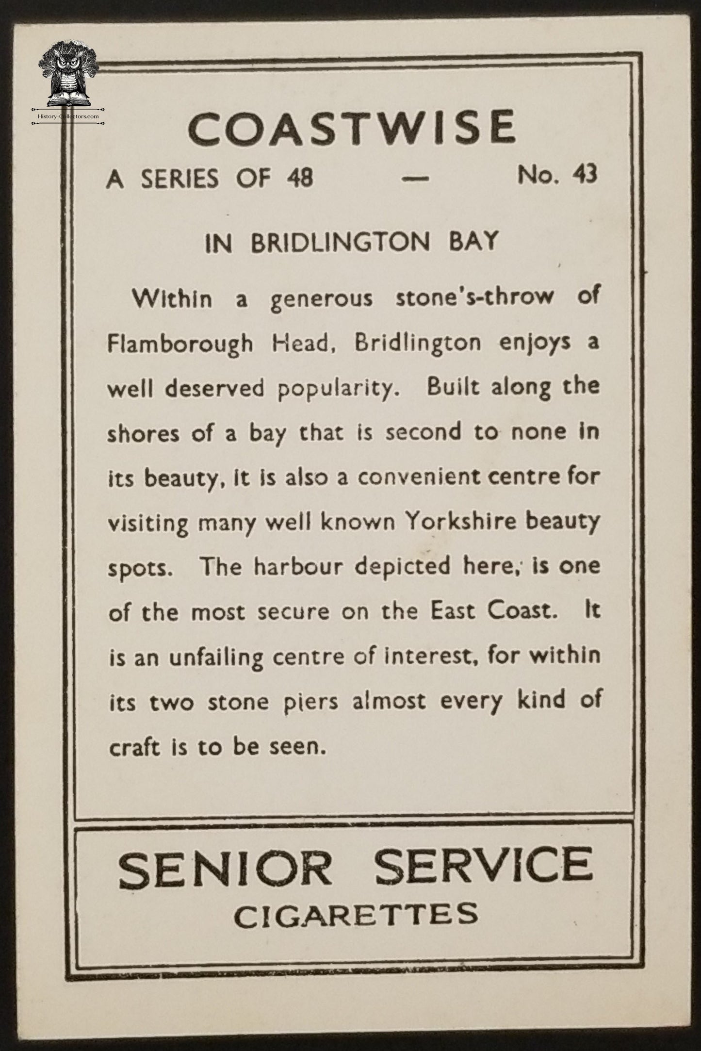 1939 UK Coastwise Senior Service Cigarettes Bridlington Bay Trading Card - Japan Tobacco
