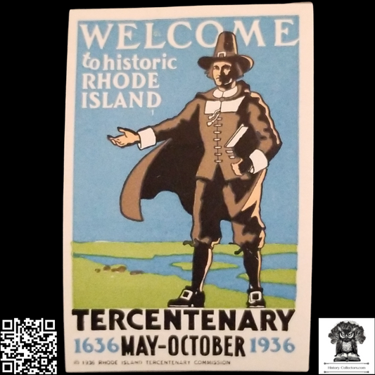 1939 Rhode Island Tercentenary Commission Commemorative Advertising Label - Roger Williams