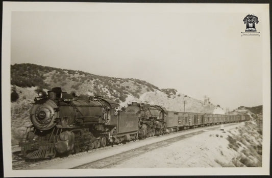 1941 RPPC Picture Postcard - AT & SF Railroad Coal Steam Engine 3013 3937 - Summit California - Photographer Kindig - Kodak Stamp Box