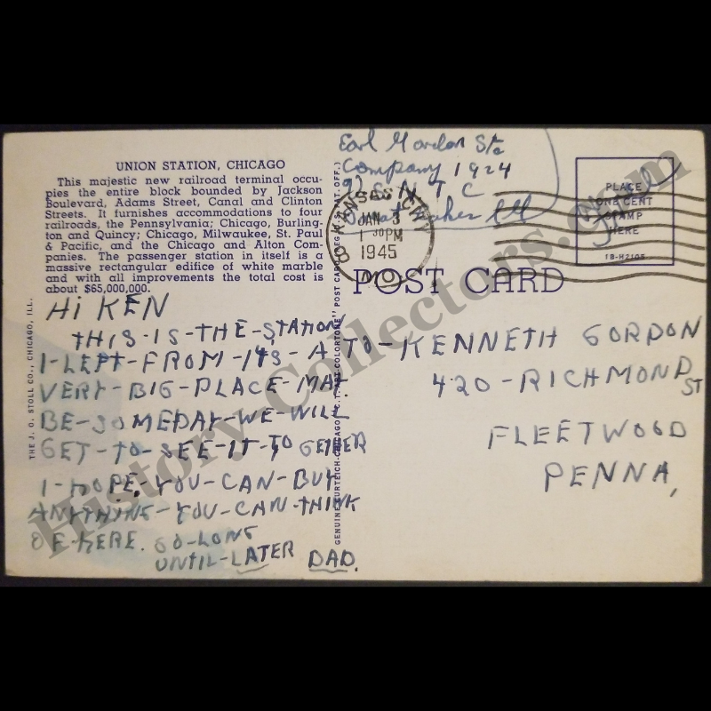 1941 Union Station Chicago Illinois Linen Postcard - Earl Gordon Company 1924 - Kenneth Gordon 420 Richmond Street Fleetwood Pennsylvania - World War II Era - Ready For Framing