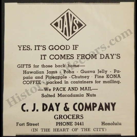 1942 C.J. Day & Company Print Advertisement Clipping - Fort Street Honolulu Hawaii - Export Trade - World War II Era - Ready For Framing