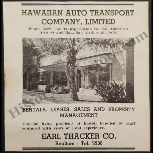 1942 Hawaiian Auto Transport Company Print Advertisement Clipping - Earl Thacker Company - Oahu Hawaiian Island - World War II Era - Ready For Framing