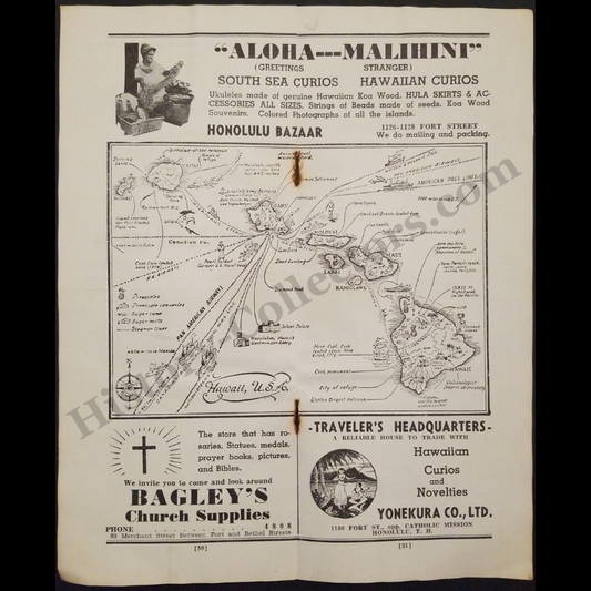 1942 Hawaiian Islands Advertisement Map - South Sea Curios - Hawaiian Curios - Bagley's Church Supplies - Yonekura Company - World War II Era - Ready For Framing