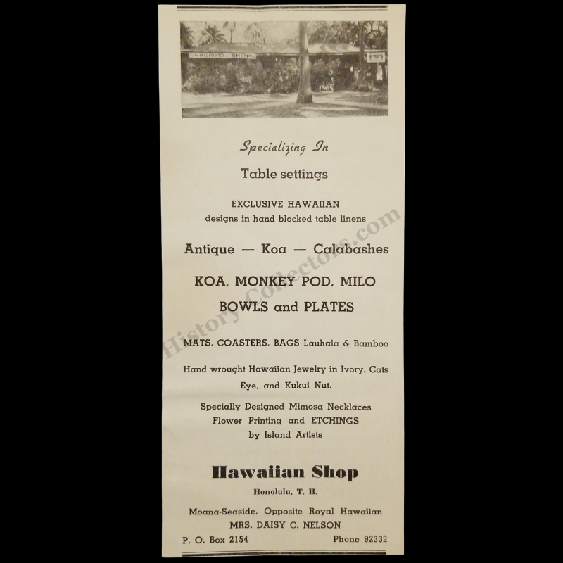 1942 Hawaiian Shop Print Advertisement Clipping - Honolulu Hawaii - Mrs. Daisy C. Nelson - World War II Era - Ready For Framing
