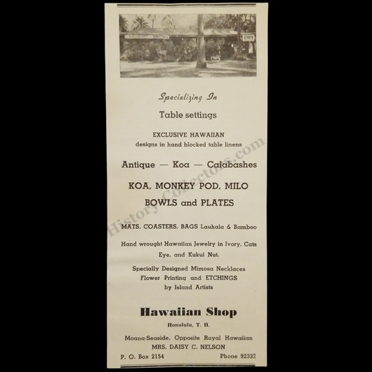 1942 Hawaiian Shop Print Advertisement Clipping - Honolulu Hawaii - Mrs. Daisy C. Nelson - World War II Era - Ready For Framing