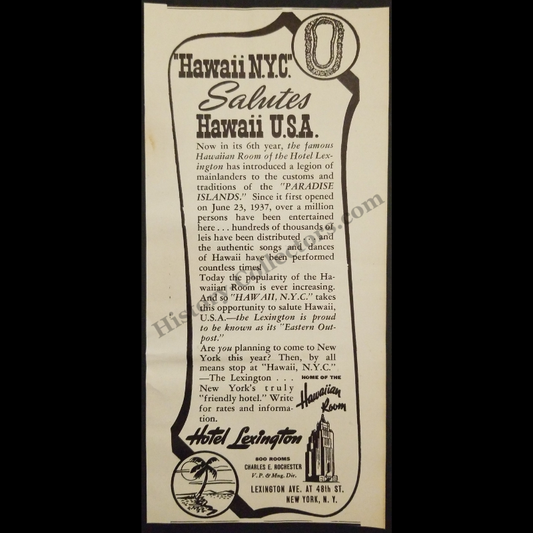1942 Hotel Lexington Hawaiian Tiki Room Print Advertisement Clipping - Lexington Avenue 48th Street New York - World War II Era - Ready For Framing