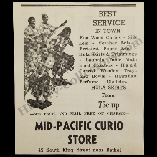 1942 Mid-Pacific Curio Store Print Advertisement Clipping - Honolulu Hawaii - 45 South King Street - World War II Era - Ready For Framing