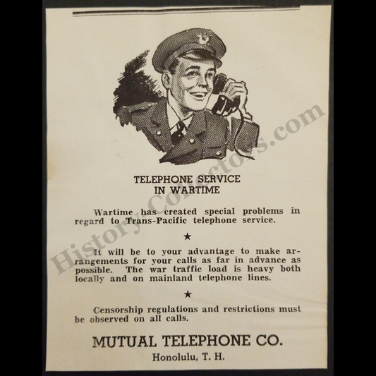 1942 Mutual Telephone Company Print Advertisement Clipping - Honolulu Hawaii - Military Censorship - World War II Era - Ready For Framing
