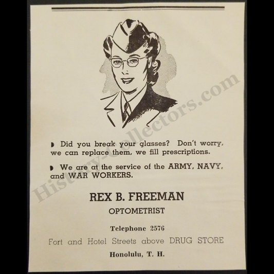 1942 Rex B Freeman Optometrist Print Advertisement Clipping - Honolulu Hawaii - Army Navy Military - World War II Era - Ready For Framing