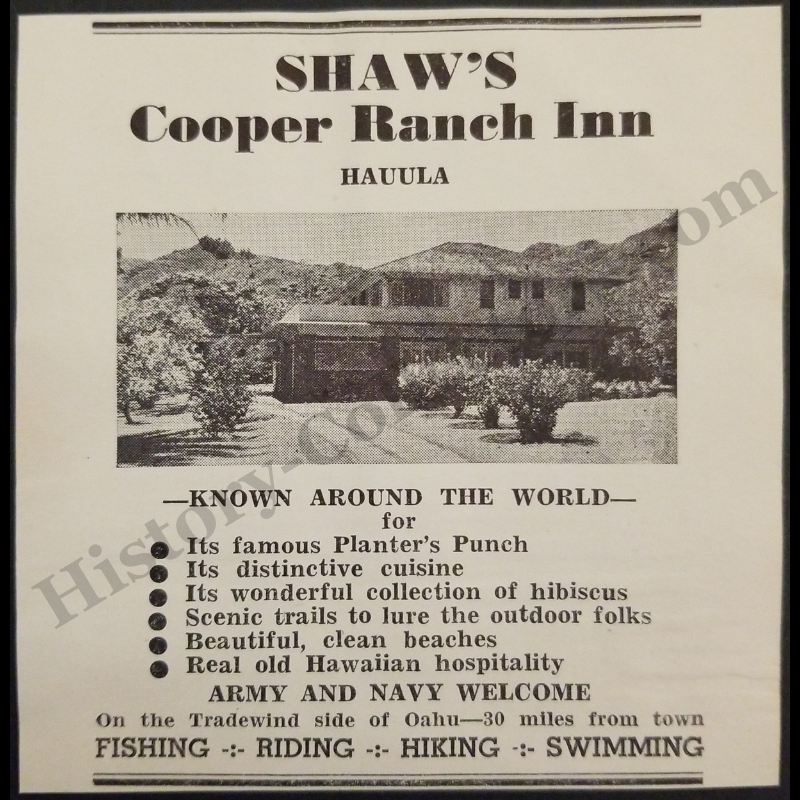1942 Shaw's Cooper Ranch Inn Print Advertisement Clipping - Hauula Oahu Hawaii - Army Navy Military Recreation - World War II Era - Ready For Framing