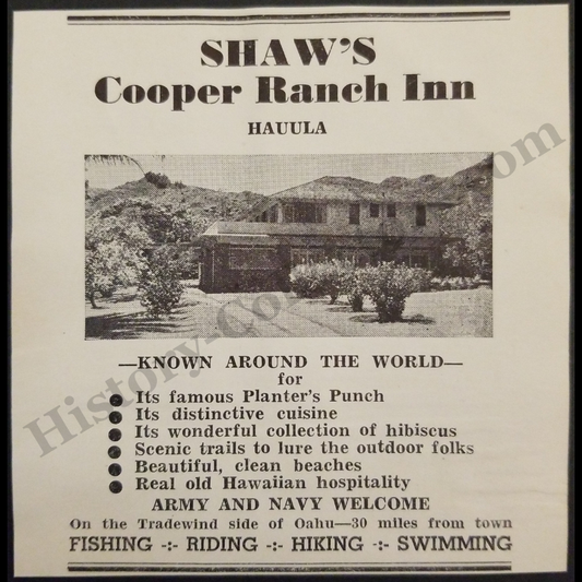 1942 Shaw's Cooper Ranch Inn Print Advertisement Clipping - Hauula Oahu Hawaii - Army Navy Military Recreation - World War II Era - Ready For Framing