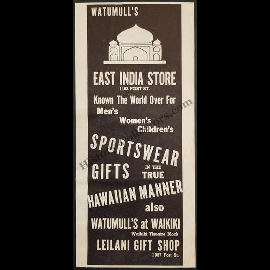 1942 Watumull's East India Store Print Advertisement Clipping - Honolulu Hawaii - World War II Era - Ready For Framing