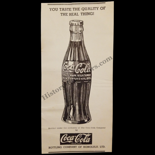 1943 Coca-Cola Print Advertisement Clipping - Bottling Company Of Honolulu Hawaii - The Real Thing Marketing - World War II Era - Ready For Framing