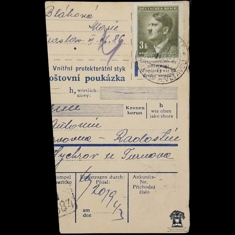 1943 German Empire Nazi Occupied Czechoslovakia Postal Card Money Transfer Voucher - Protectorate Of Bohemia And Moravia - Adolf Hitler (1889-1945) Chancellor Series Postal Stamp - Green 3 Kronen - Sychrov - Trimmed Card