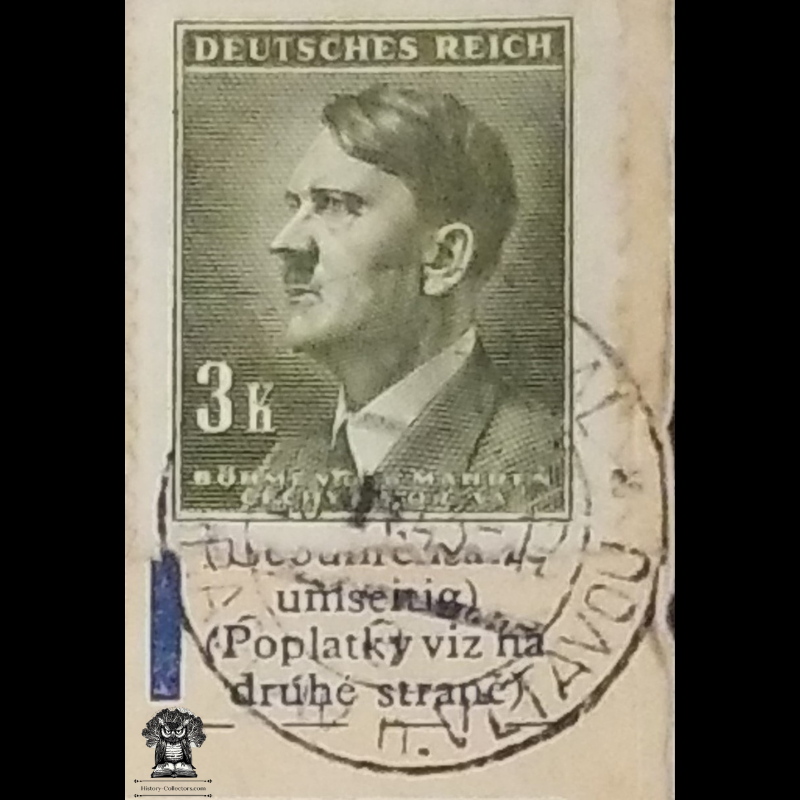 1943 German Empire Nazi Occupied Czechoslovakia Postal Card Money Transfer Voucher - Protectorate Of Bohemia And Moravia - Adolf Hitler (1889-1945) Chancellor Series Postal Stamp - Green 3 Kronen - Sychrov - Trimmed Card