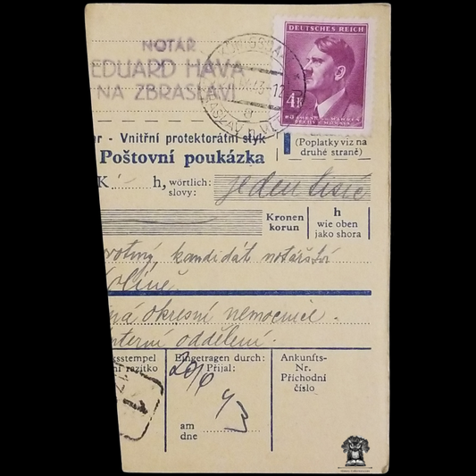 1943 German Empire Nazi Occupied Czechoslovakia Postal Card Money Transfer Voucher - Protectorate Of Bohemia And Moravia - Adolf Hitler (1889-1945) Chancellor Series Postal Stamp - Purple 4 Kronen - Konigssall Zbraslav Postal Cancel - Kolin