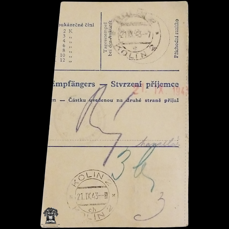 1943 German Empire Nazi Occupied Czechoslovakia Postal Card Money Transfer Voucher - Protectorate Of Bohemia And Moravia - Adolf Hitler (1889-1945) Chancellor Series Postal Stamp - Purple 4 Kronen - Konigssall Zbraslav Postal Cancel - Kolin