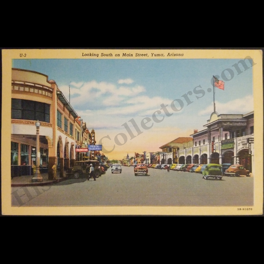 1943 Looking South On Main Street Yuma Arizona Linen Postcard - Downtown Americana - American Flag - World War II Era - Ready For Framing