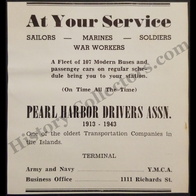 1943 Pearl Harbor Drivers Assoc Print Advertisement Clipping - Honolulu Hawaii - Army - Navy - YMCA - World War II Era - Ready For Framing