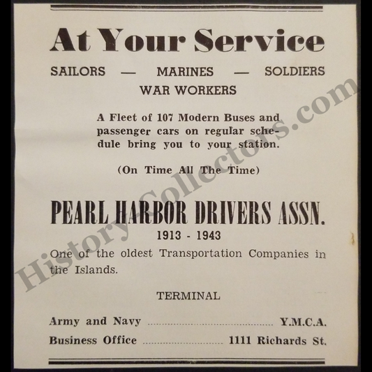1943 Pearl Harbor Drivers Assoc Print Advertisement Clipping - Honolulu Hawaii - Army - Navy - YMCA - World War II Era - Ready For Framing