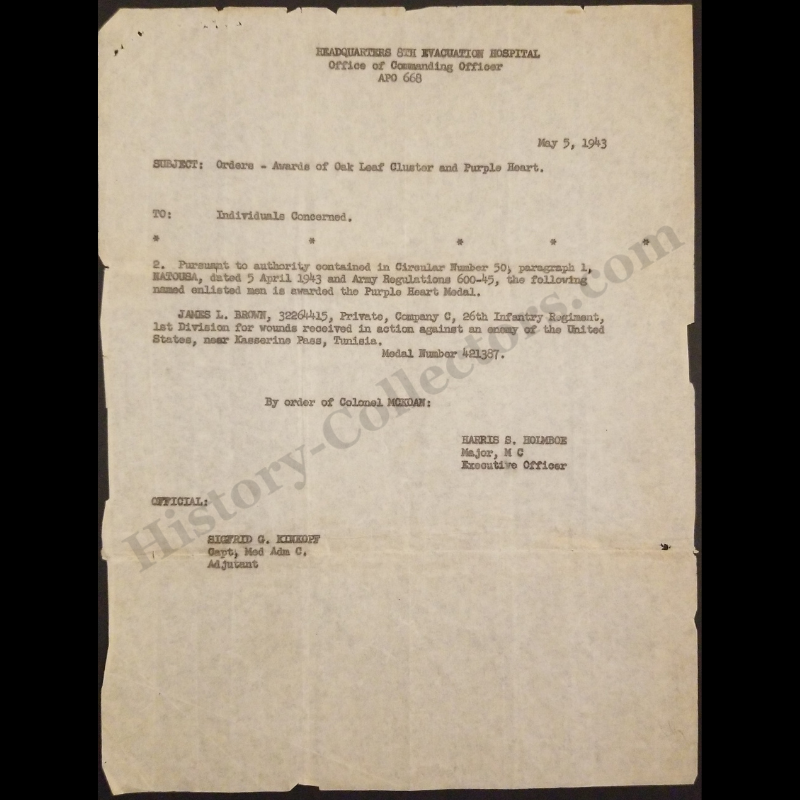 1943 Purple Heart Award Order Carbon Copy - Headquarters 9th Evacuation Hospital Office Of The Commanding Officer APO 668 - Purple Heart Medal To Private James L. Brown